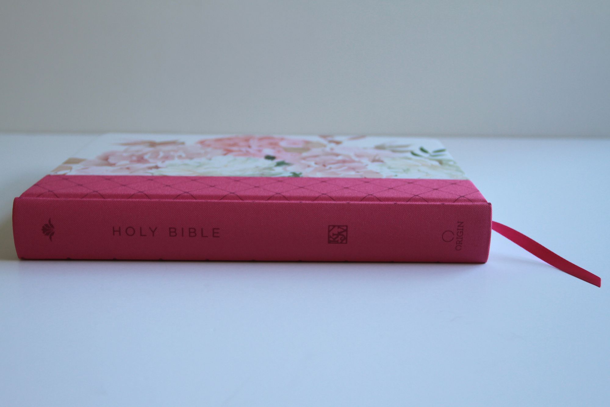 KJV Holy Bible, Giant Print Large Format, Hardcover pink floral design with cloth with Ribbon Marker, Red Letter, and Thumb Index