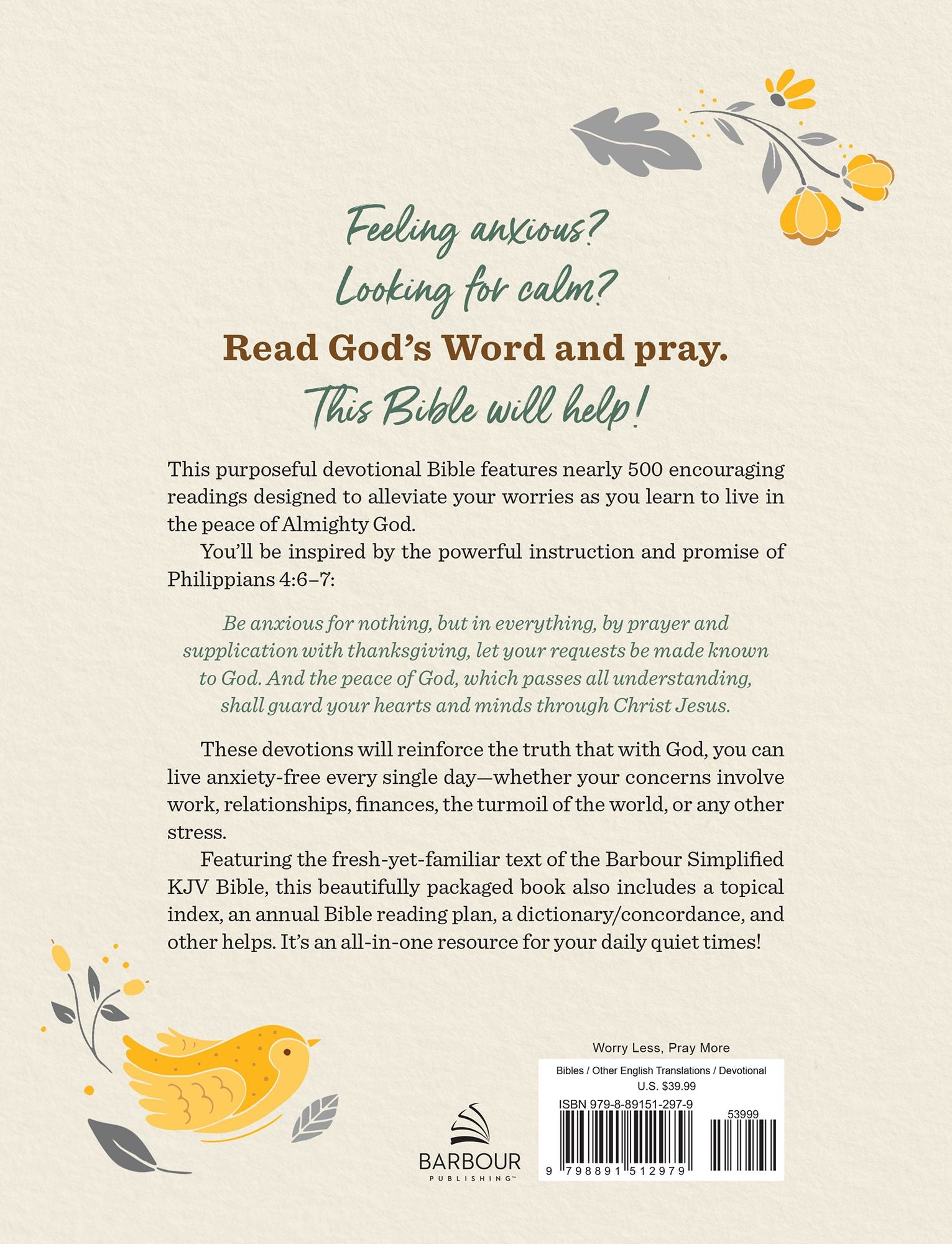 The Barbour SKJV Devotional Bible for Women: Worry Less, Pray More: Featuring Nearly 500 Encouraging Devotions-and Much More
