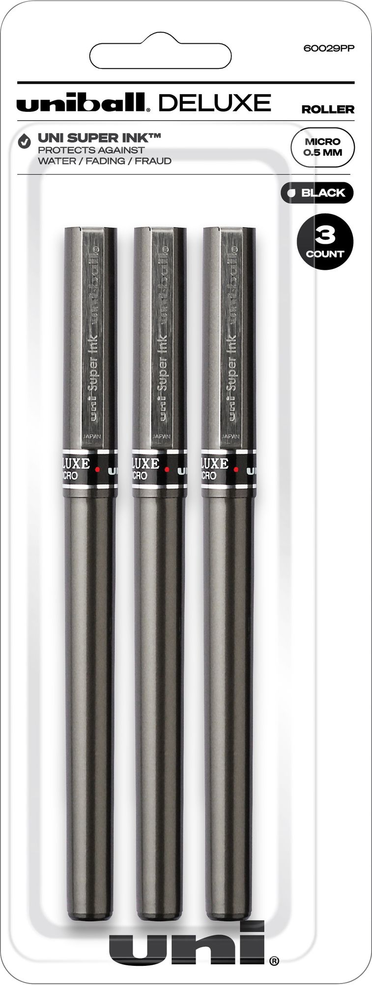 uniball Deluxe Rollerball Pens, Fine Point (0.5mm), Black Ink, 3 Pack