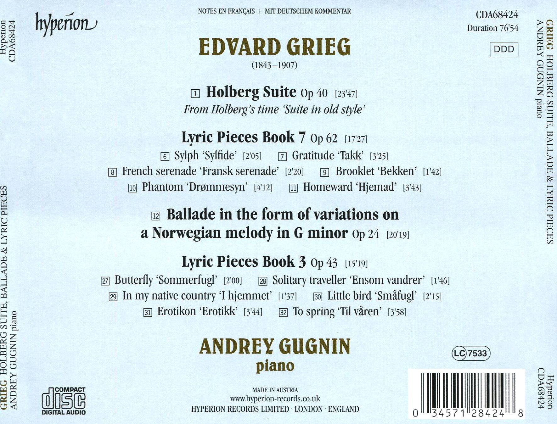 Edvard Grieg: Holberg Suite, Ballade & Lyric Pieces