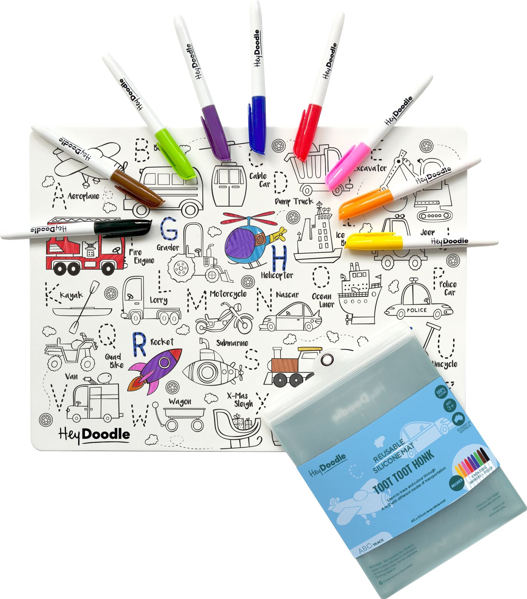 Toot Toot Honk Reusable Silicone Colouring Placemat by HeyDoodle