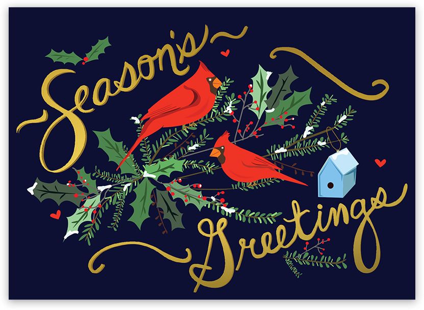 Boxed Holiday Card - Cardinals with Holly