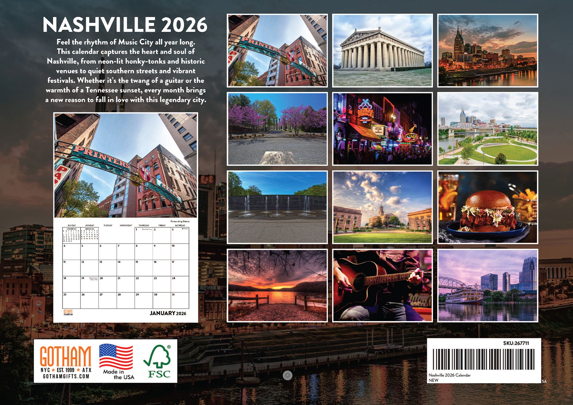 2026 Nashville Calendar Monthly Wall Calender 12 Month