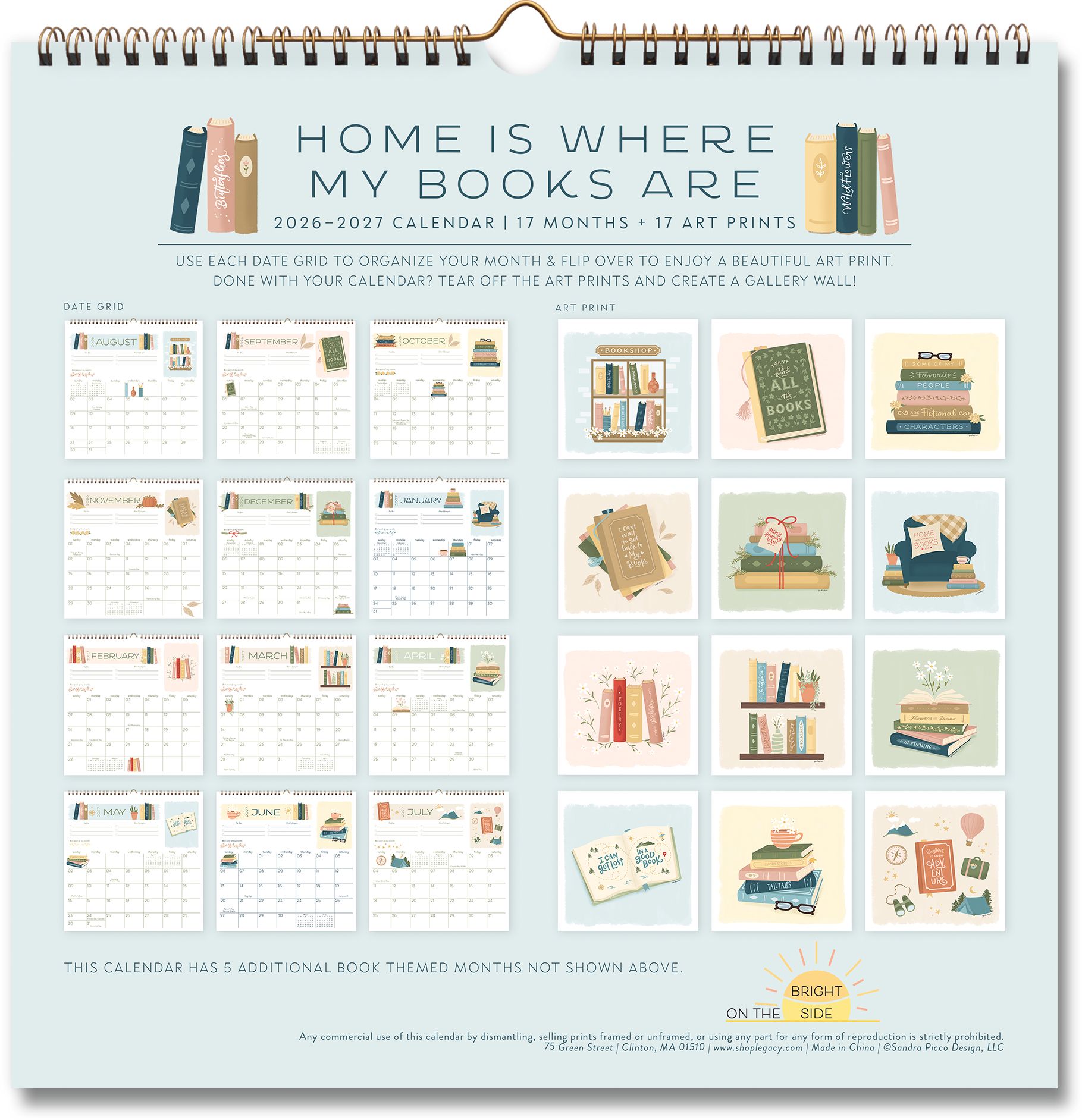 2026-2027 On the Bright Side Home is Where My Books Are Grid 17 Month Wall Calendar