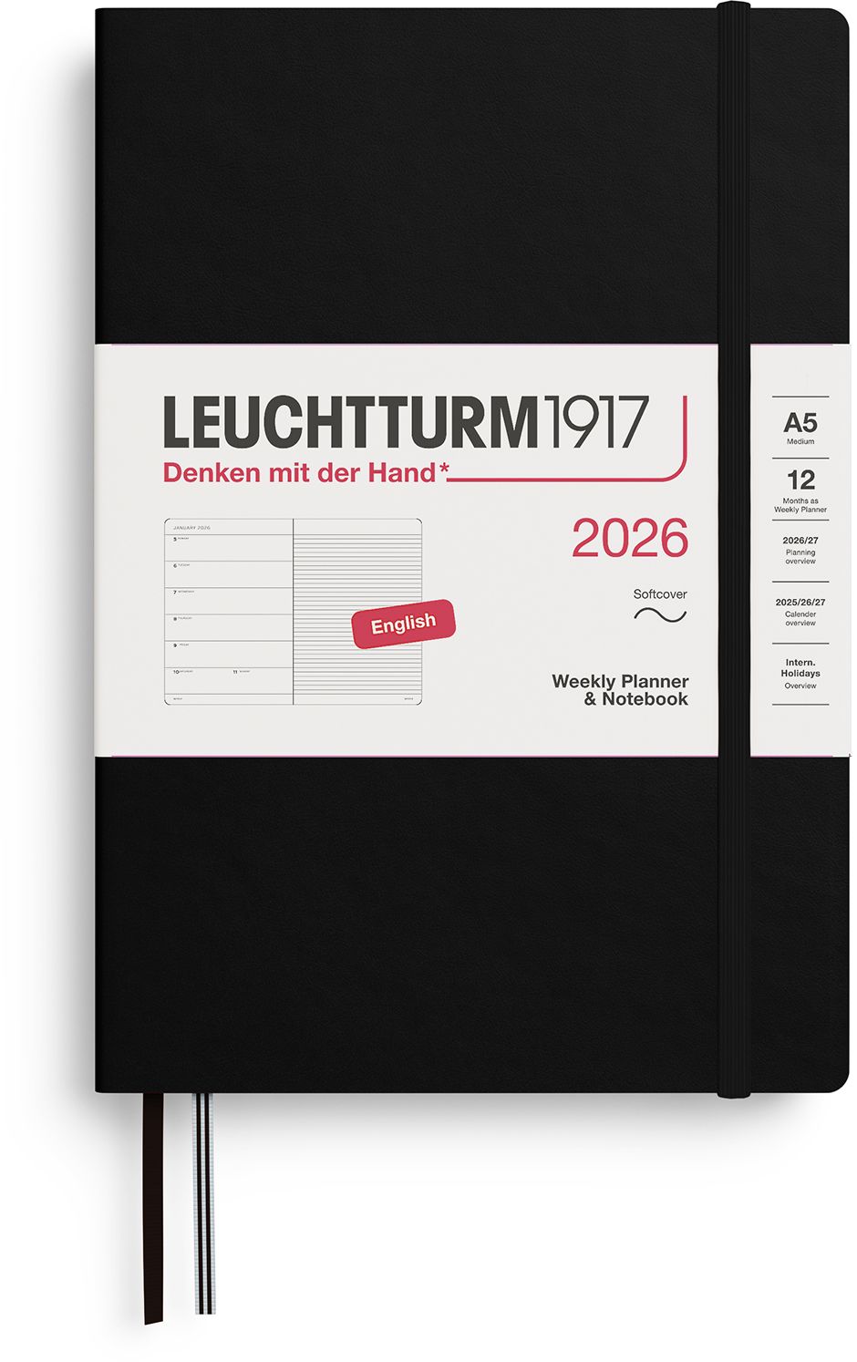 2026 Black Weekly Planner & Notebook Medium (A5) Softcover