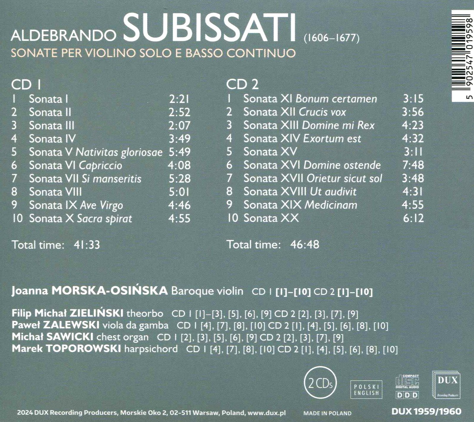 Aldebrando Subissati: Sonate per violino solo e basso continuo