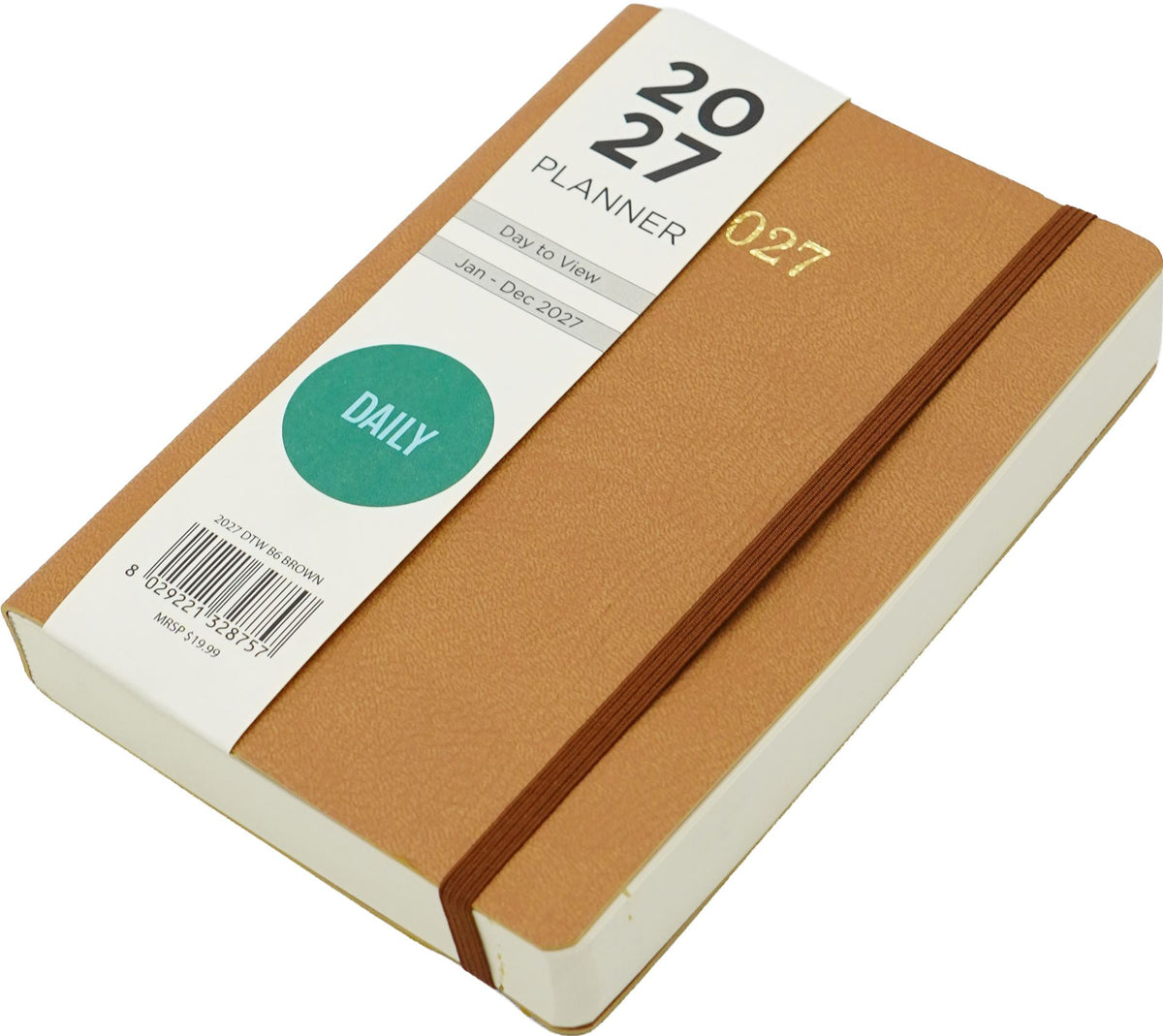 2027 Daily Planner 5X7 Soft Bound Cover In Brown Bonded Leather With Matching Lining , Elastic And Gold Embossing