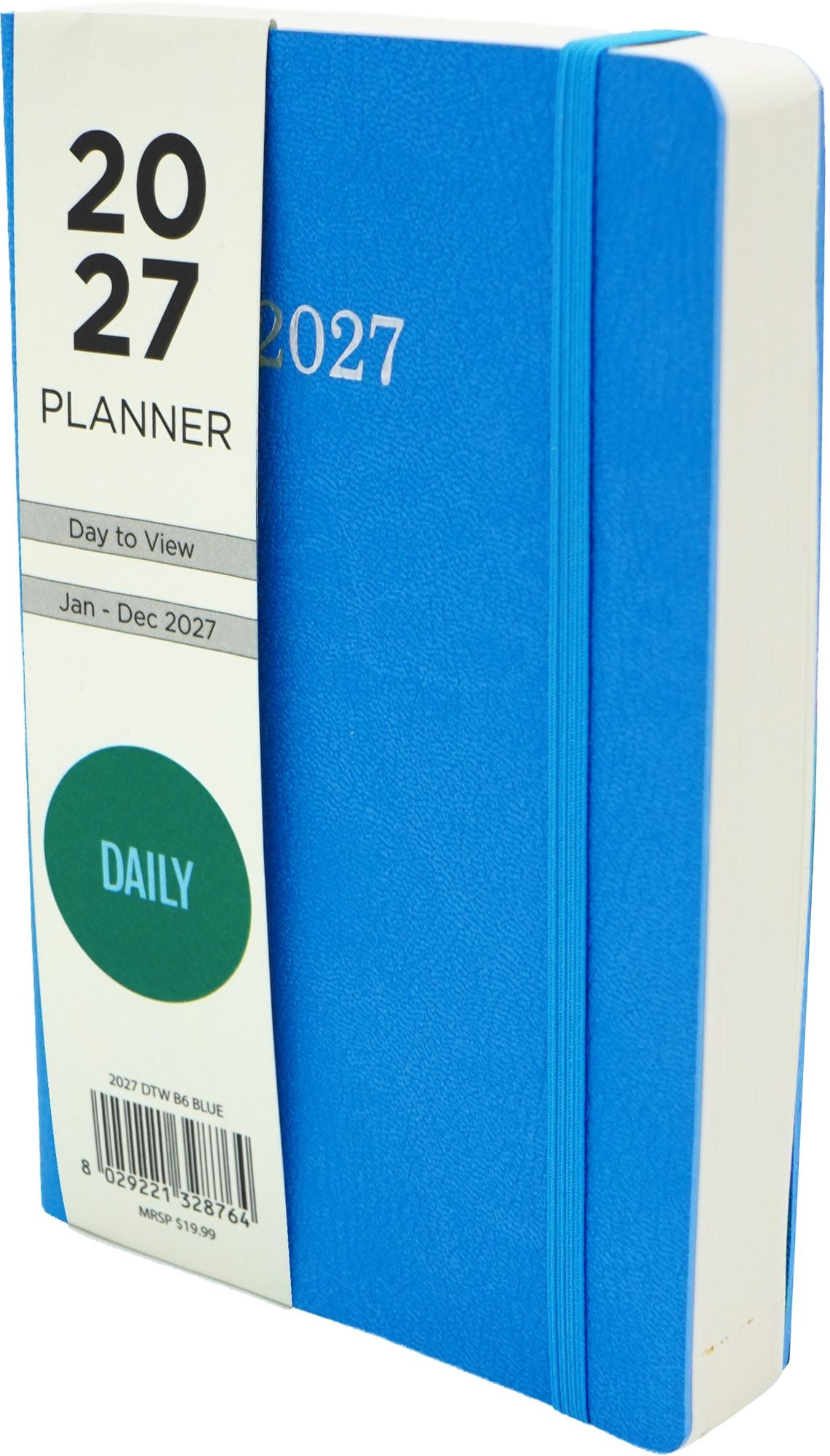 2027 Daily Planner 5X7 Soft Bound Cover In Blue Bonded Leather With Matching Lining , Elastic And Gold Embossing