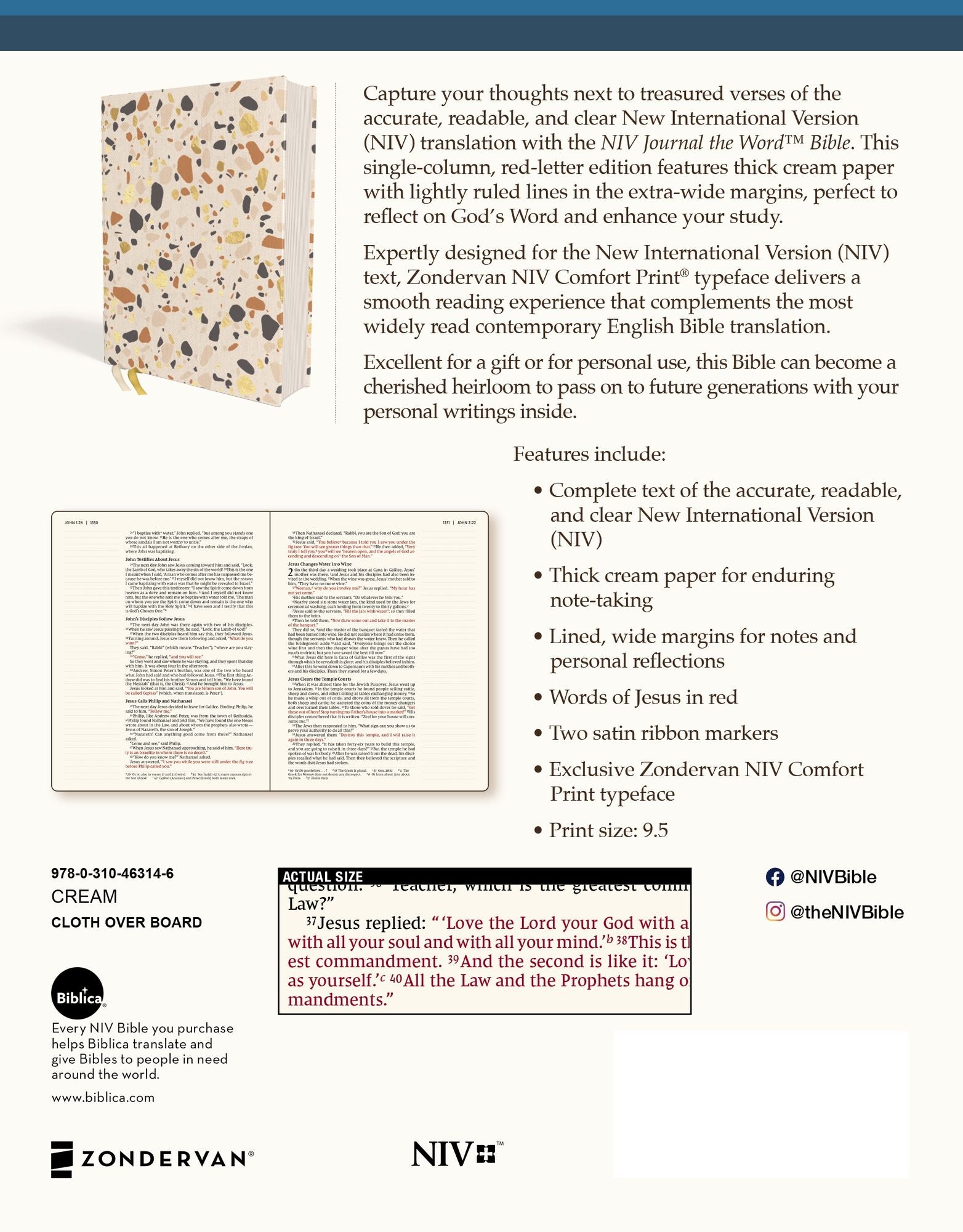 NIV, Journal the Word Bible (Perfect for Note-Taking), Cloth over Board, Cream, Red Letter, Comfort Print: Reflect, Take Notes, or Create Art Next to Your Favorite Verses