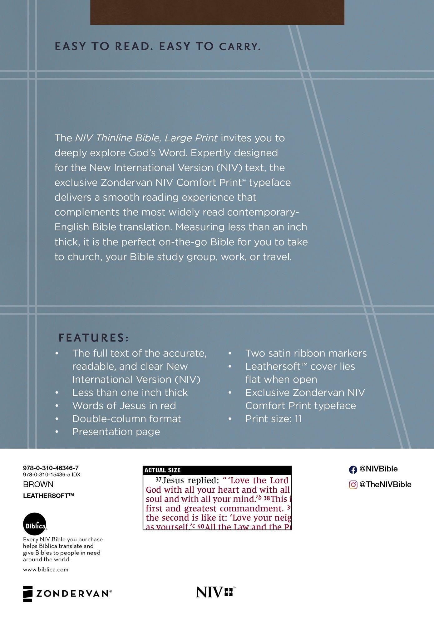 NIV, Thinline Bible, Large Print, Leathersoft, Brown, Red Letter, Comfort Print