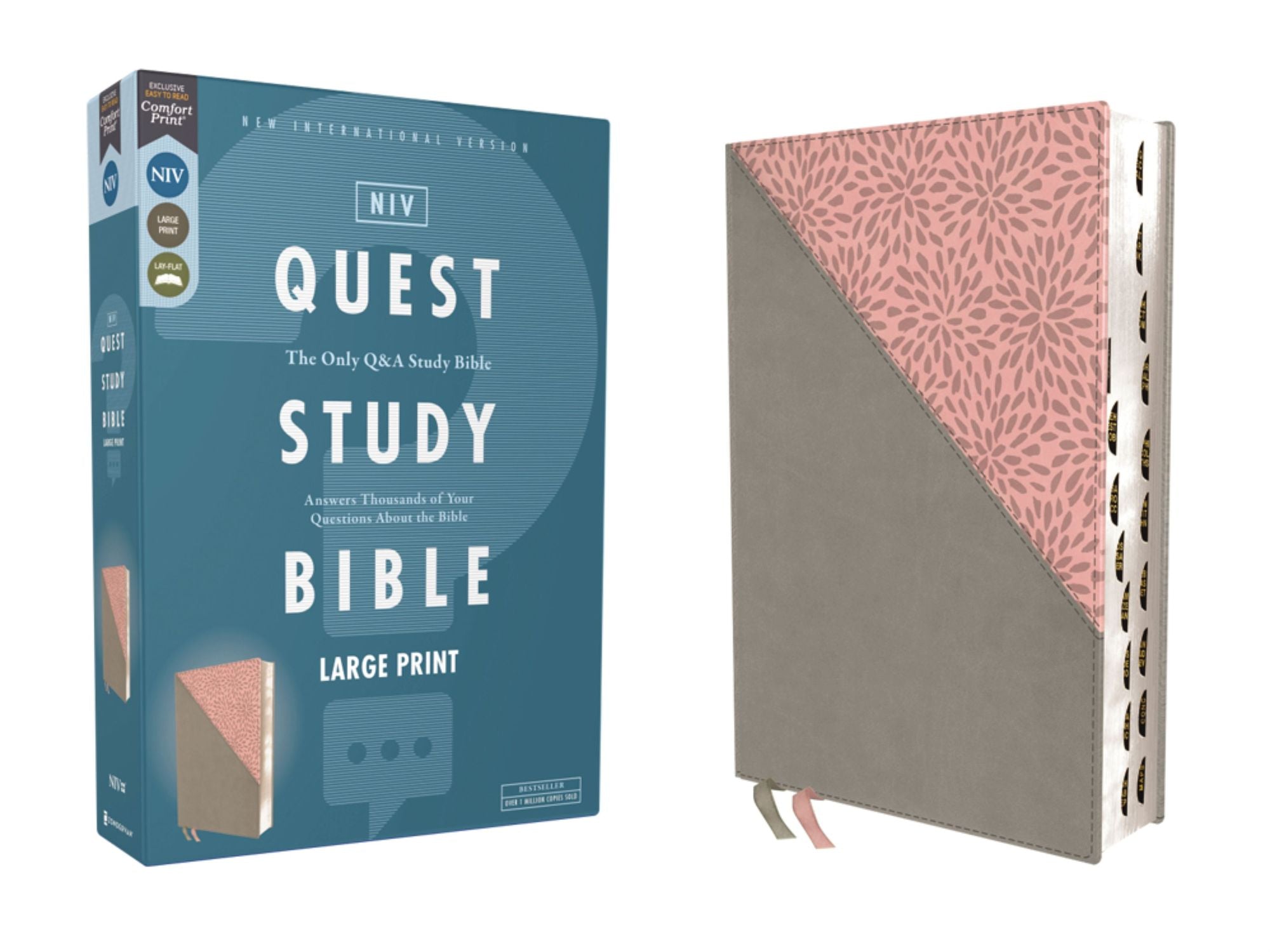 NIV, Quest Study Bible, Large Print, Leathersoft, Gray/Pink, Thumb Indexed, Comfort Print: The Only Q and A Study Bible
