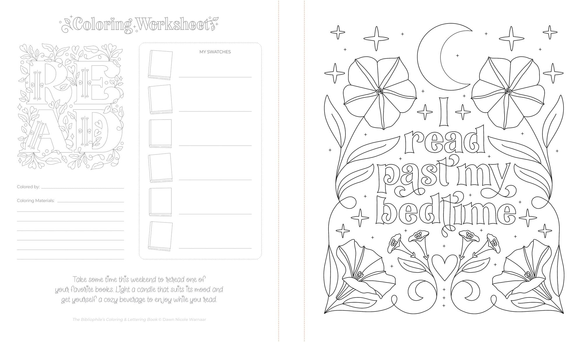 The Bibliophile's Coloring and Lettering Book: A Cozy Collection of Hand-Drawn Coloring Pages, Trace-to-Learn Lettering Styles, and Shareable Bookmarks for Book Lovers