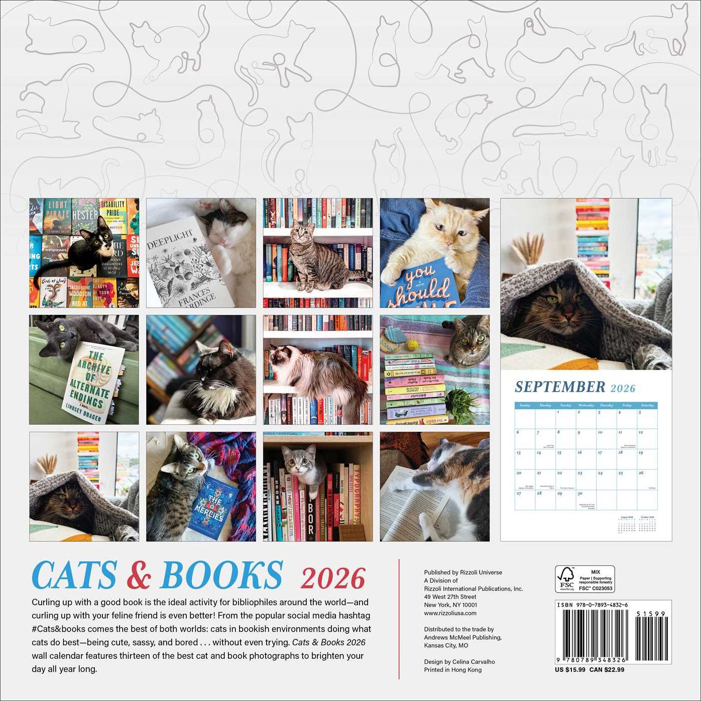 2026 Cats and Books Wall Calendar