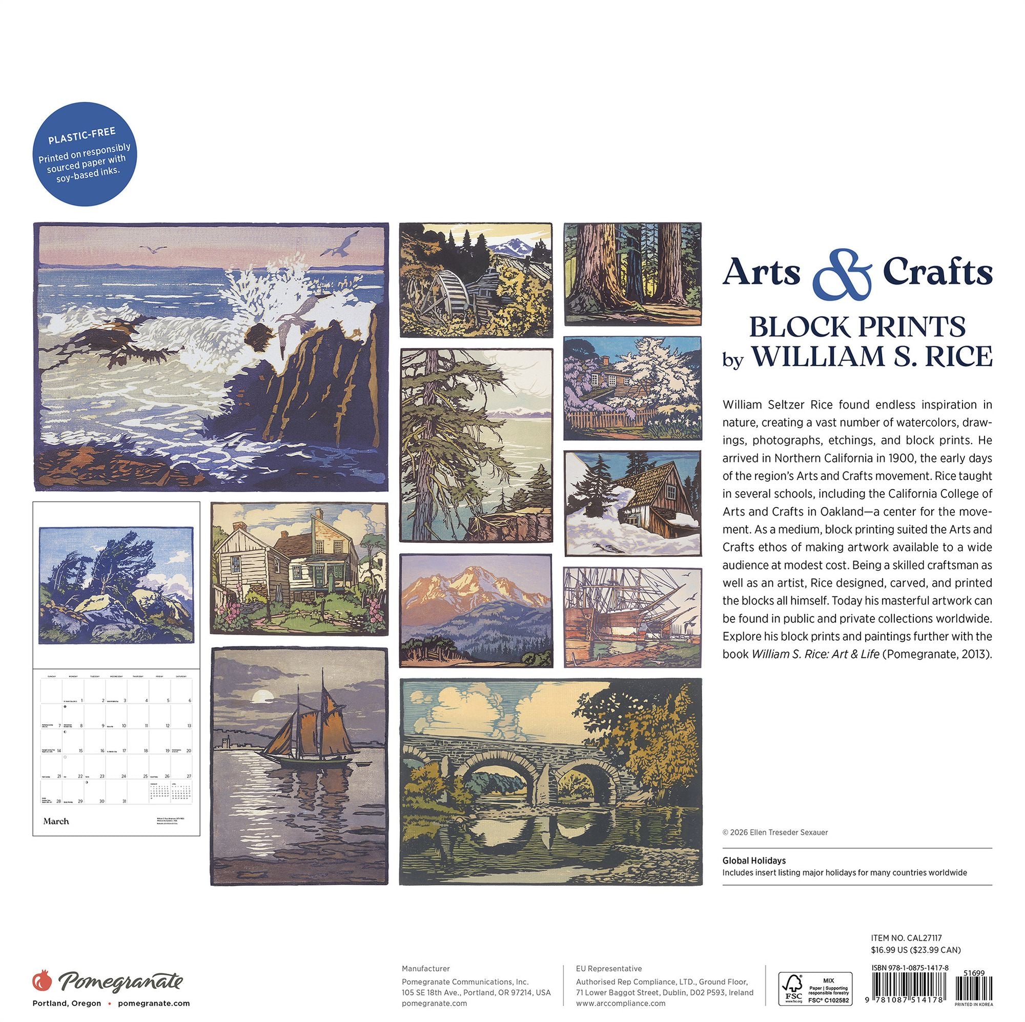 2027 Arts & Crafts Block Prints by William S. Rice Wall Calendar