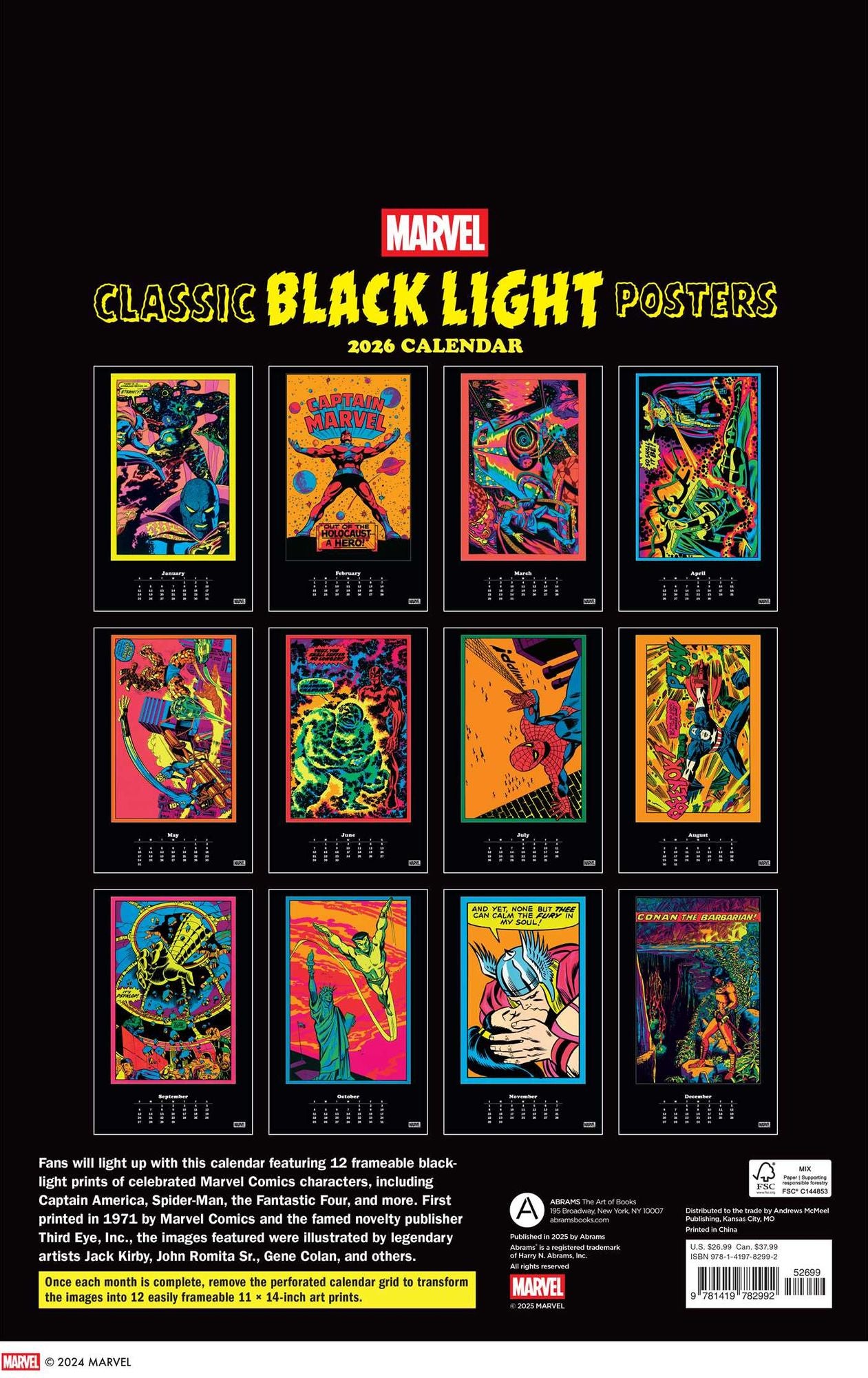 2026 Marvel Classic Black Light Poster Calendar with 12 Frameable Prints