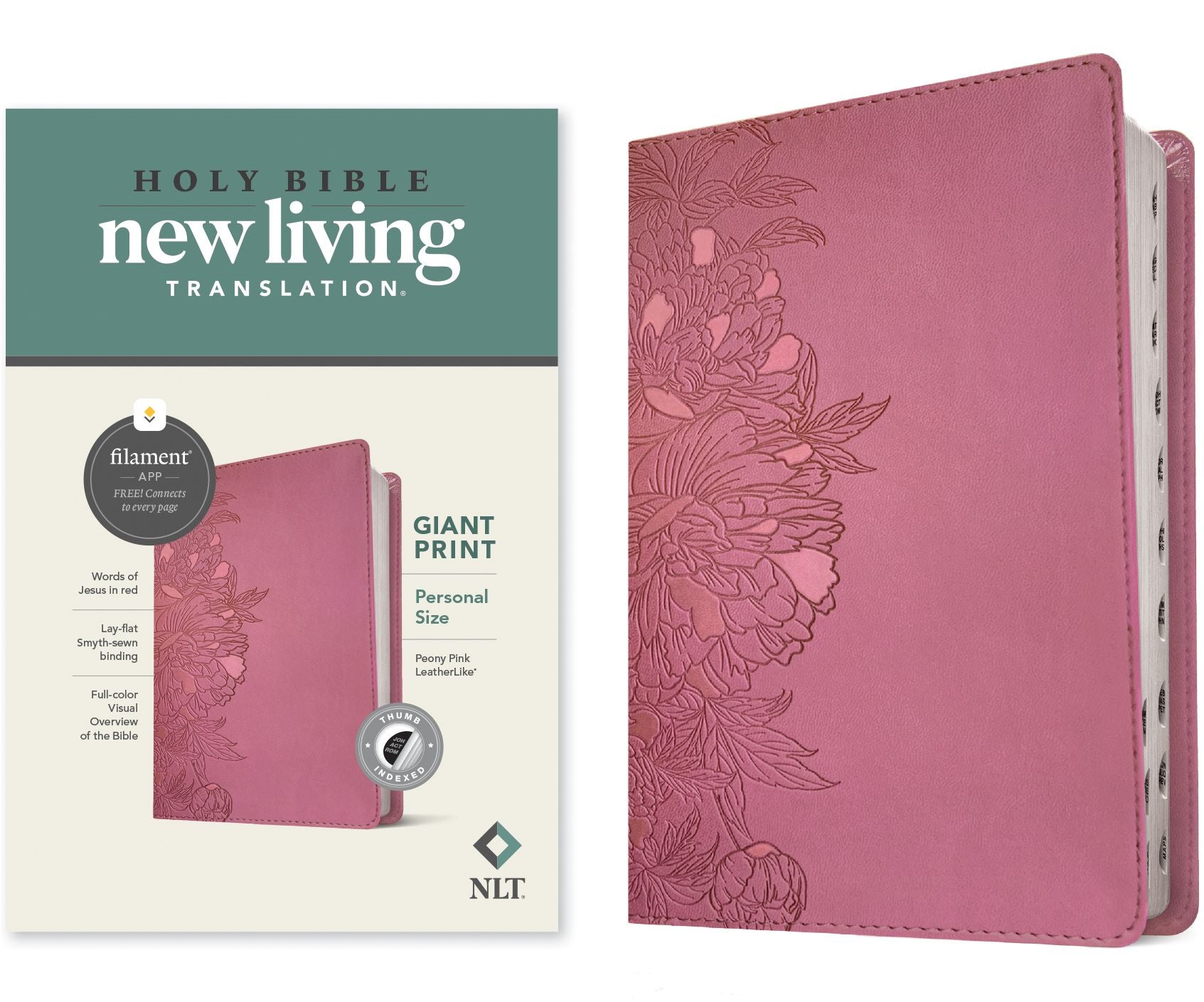 NLT Personal Size Giant Print Bible, Filament Enabled (LeatherLike, Peony Pink, Indexed, Red Letter)