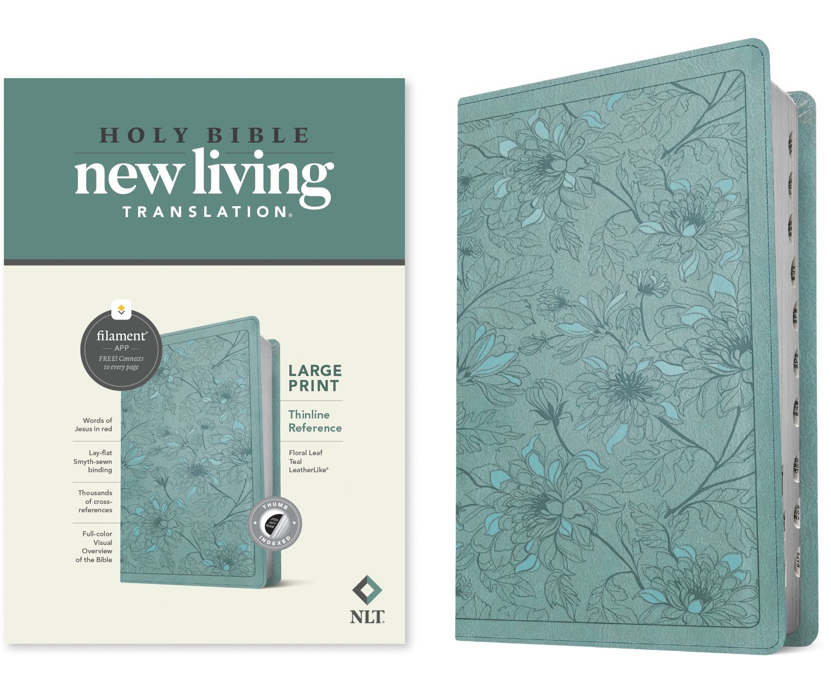 NLT Large Print Thinline Reference Bible, Filament Enabled (LeatherLike, Floral Leaf Teal, Indexed, Red Letter)