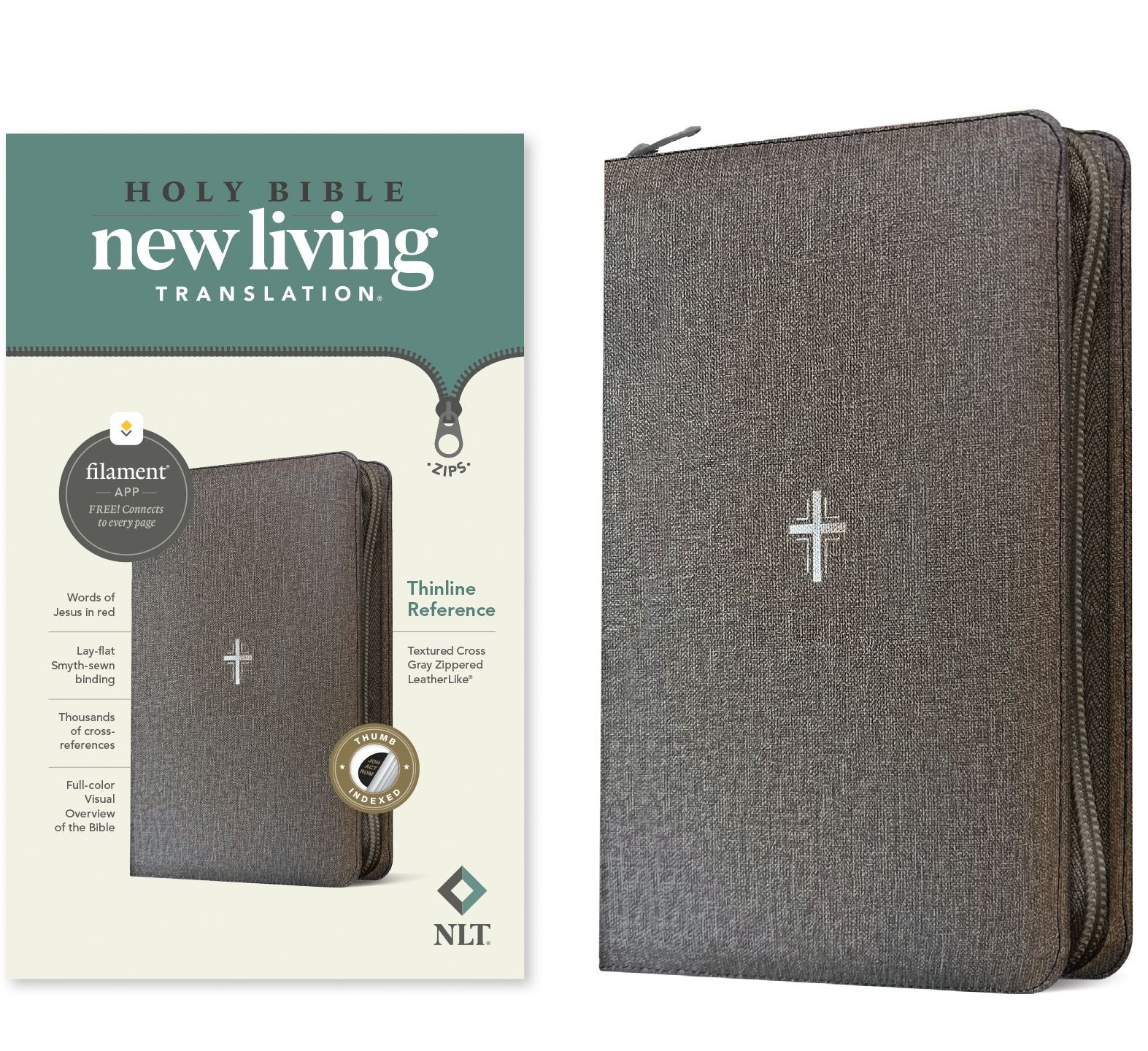 NLT Thinline Reference Zipper Bible, Filament Enabled (LeatherLike, Textured Cross Gray, Indexed, Red Letter)