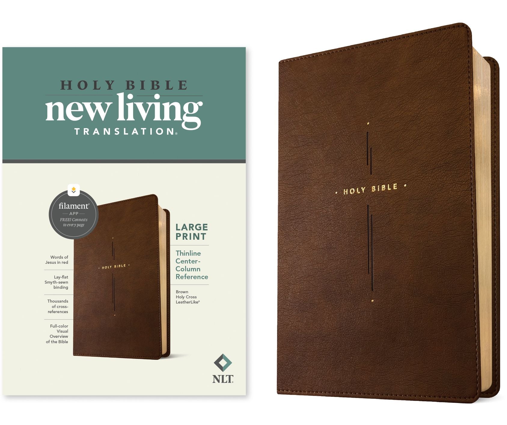 NLT Large Print Thinline Center-Column Reference Bible, Filament Enabled (LeatherLike, Brown Holy Cross, Red Letter)