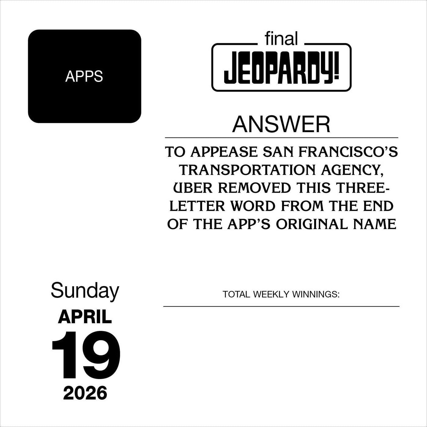 2026 JEOPARDY! Day-to-Day Calendar