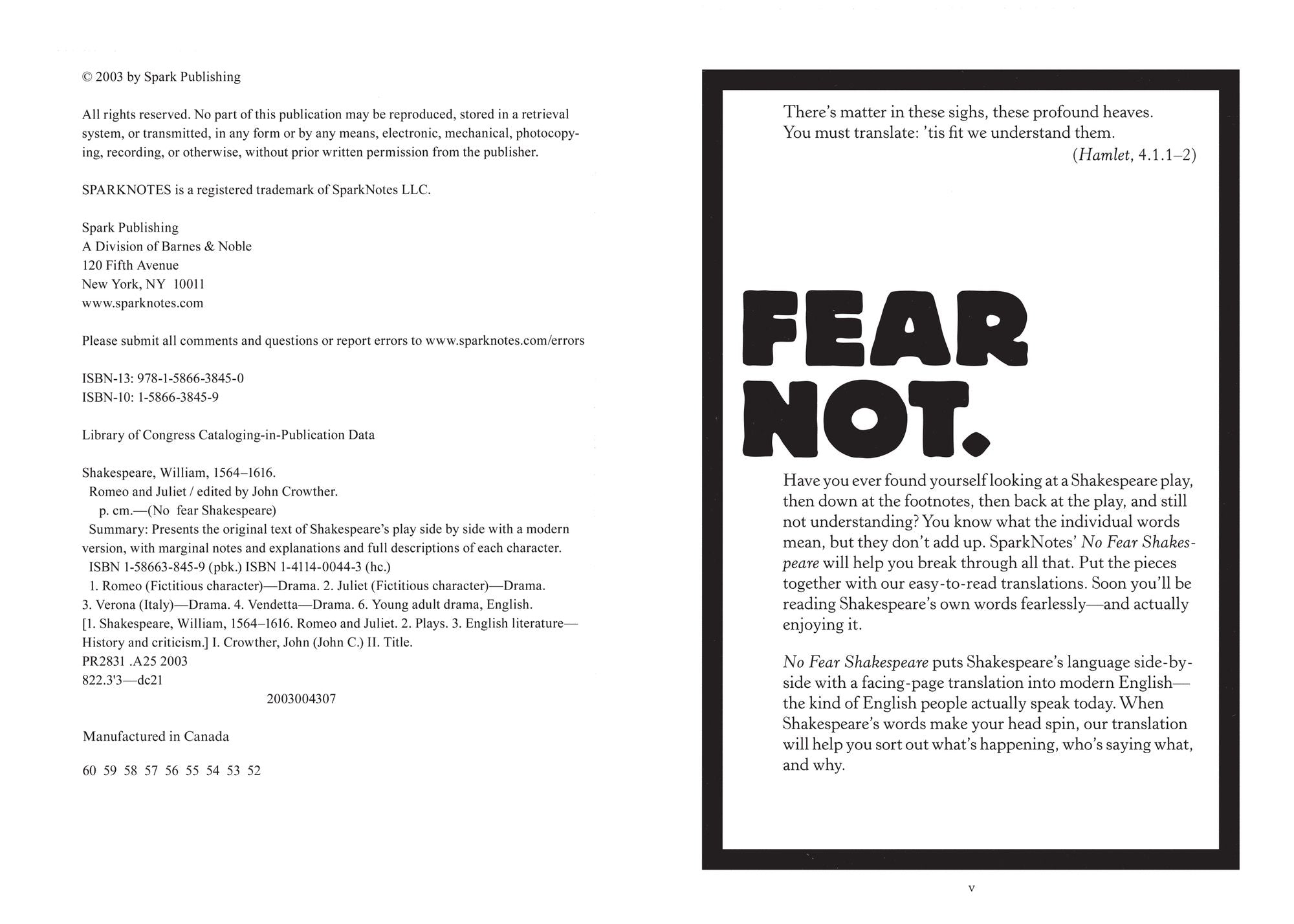 Romeo and Juliet: No Fear Shakespeare Side-by-Side Plain English
