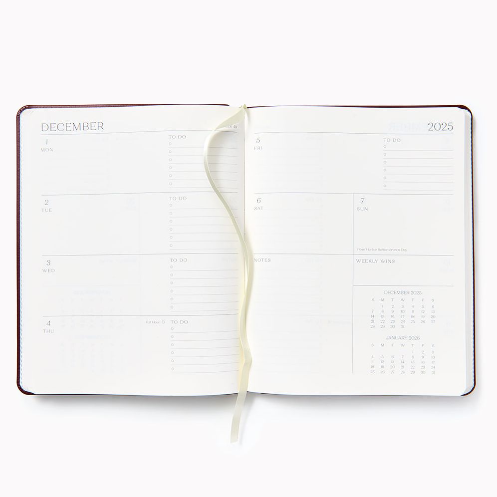 2025-2026 Paper Source Maroon Leather 18-Month Weekly Desk Planner