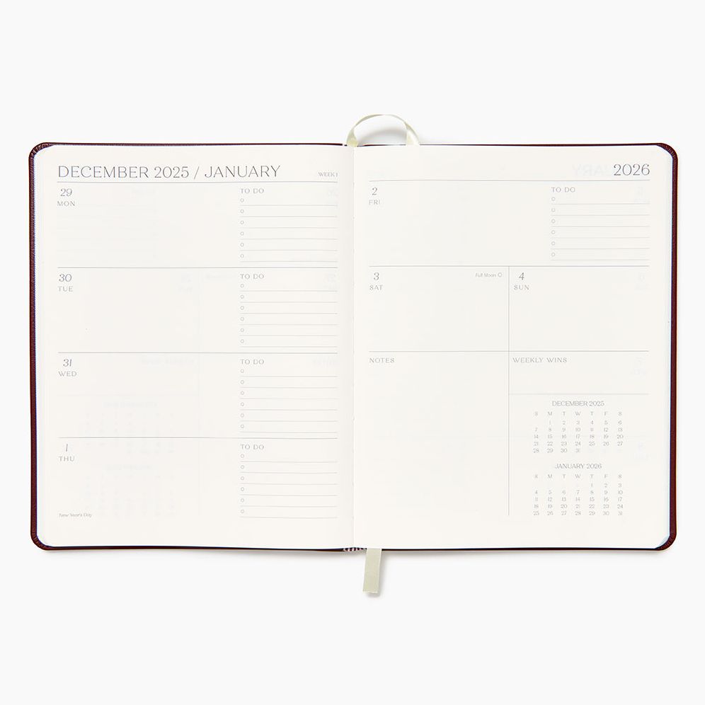 2025-2026 Paper Source Maroon Leather 18-Month Weekly Desk Planner