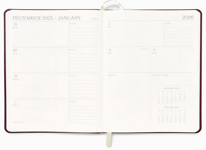 2025-2026 Paper Source Maroon Leather 18-Month Weekly Desk Planner