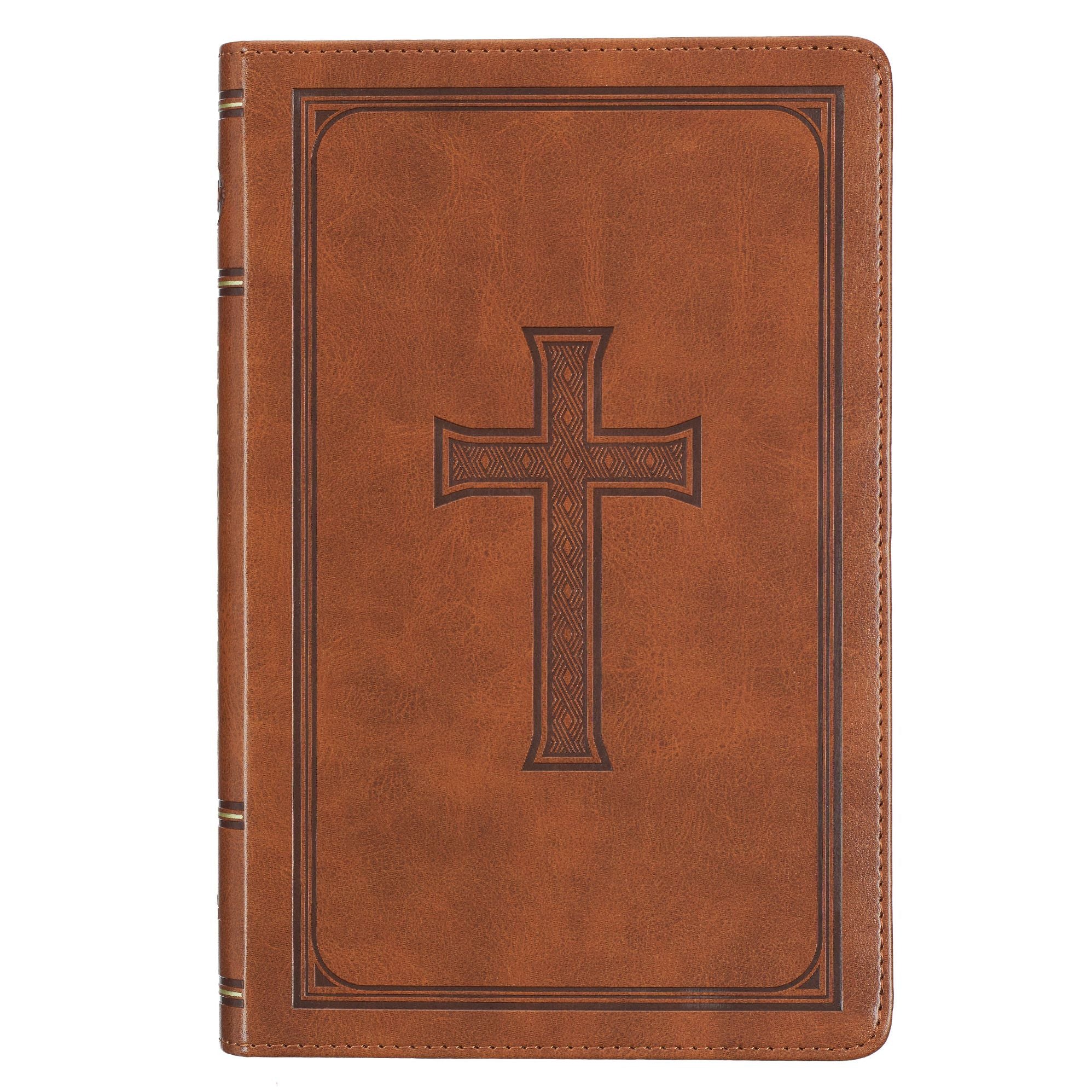 KJV Holy Bible, Standard Size Faux Leather Red Letter Edition Thumb Index, Ribbon Marker, King James Version, Honey Brown Cross Emblem