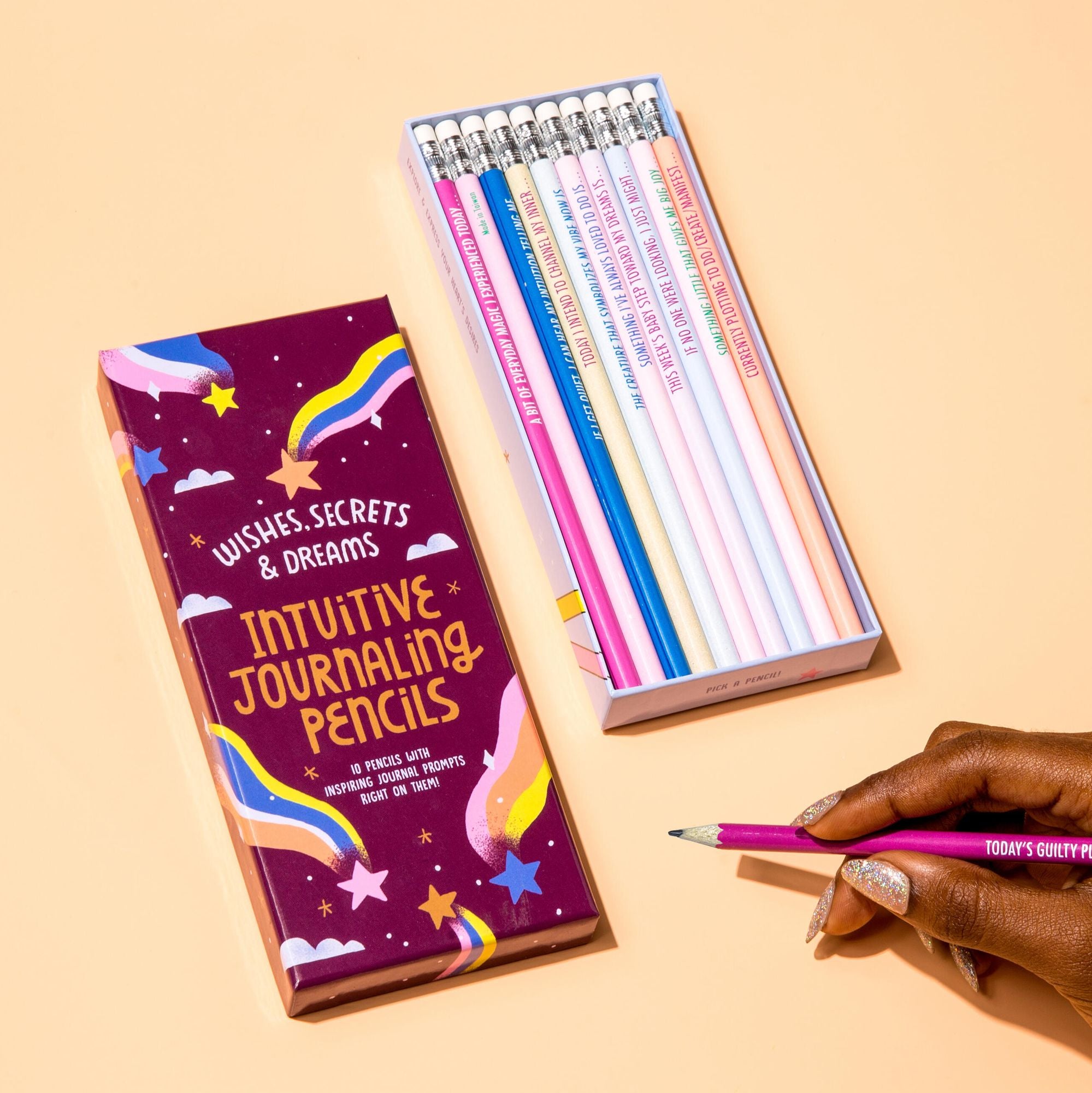 Intuitive Journaling Pencils: Wishes, Secrets, and Dreams Pencil Set, 10 Pencils with Journal Prompts