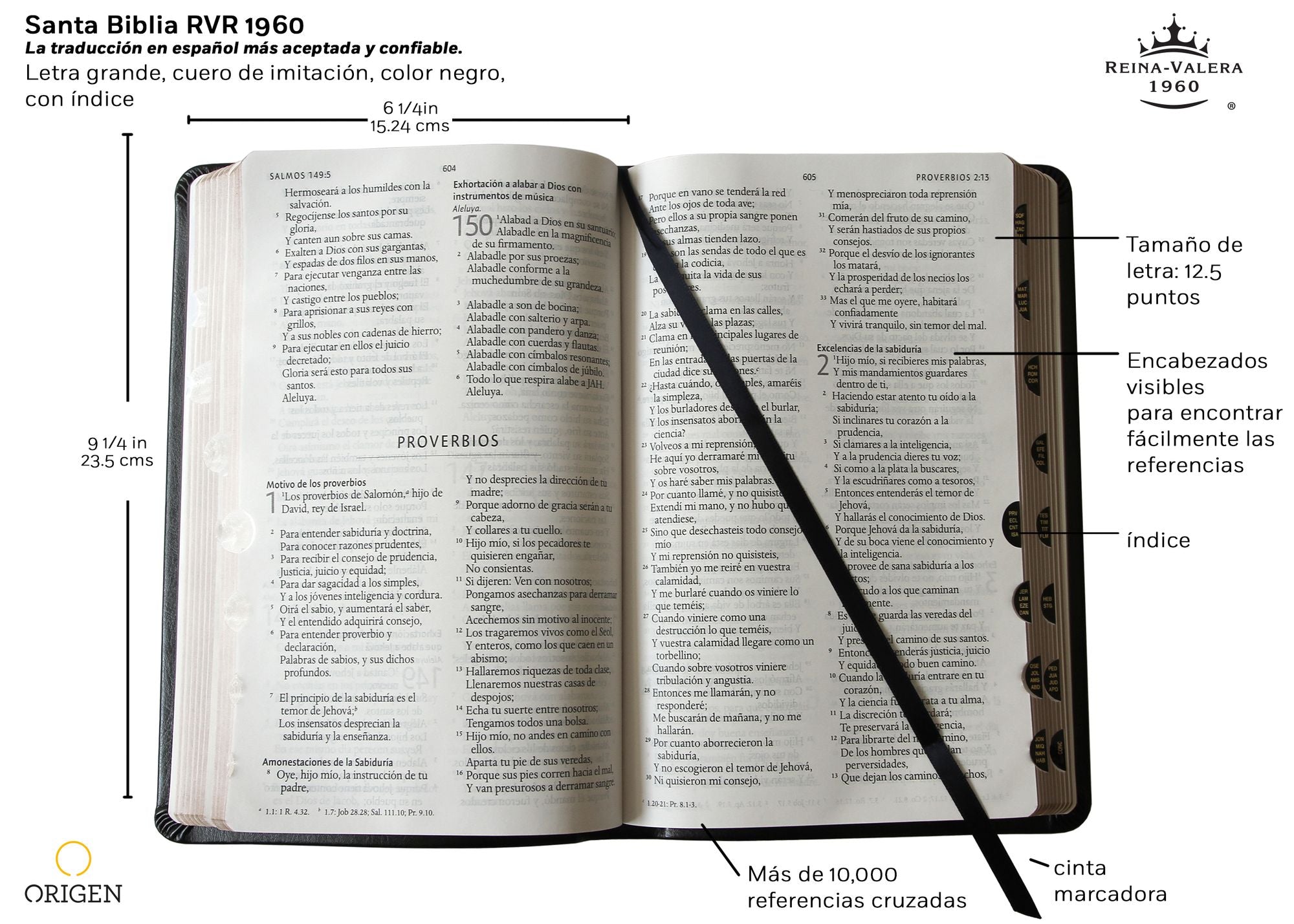 Biblia Reina Valera 1960 letra grande. Símil piel negro, índice, tamaño manual / Spanish Bible RVR 1960. Handy Size, Thumb Index, Large Print, Black Leath