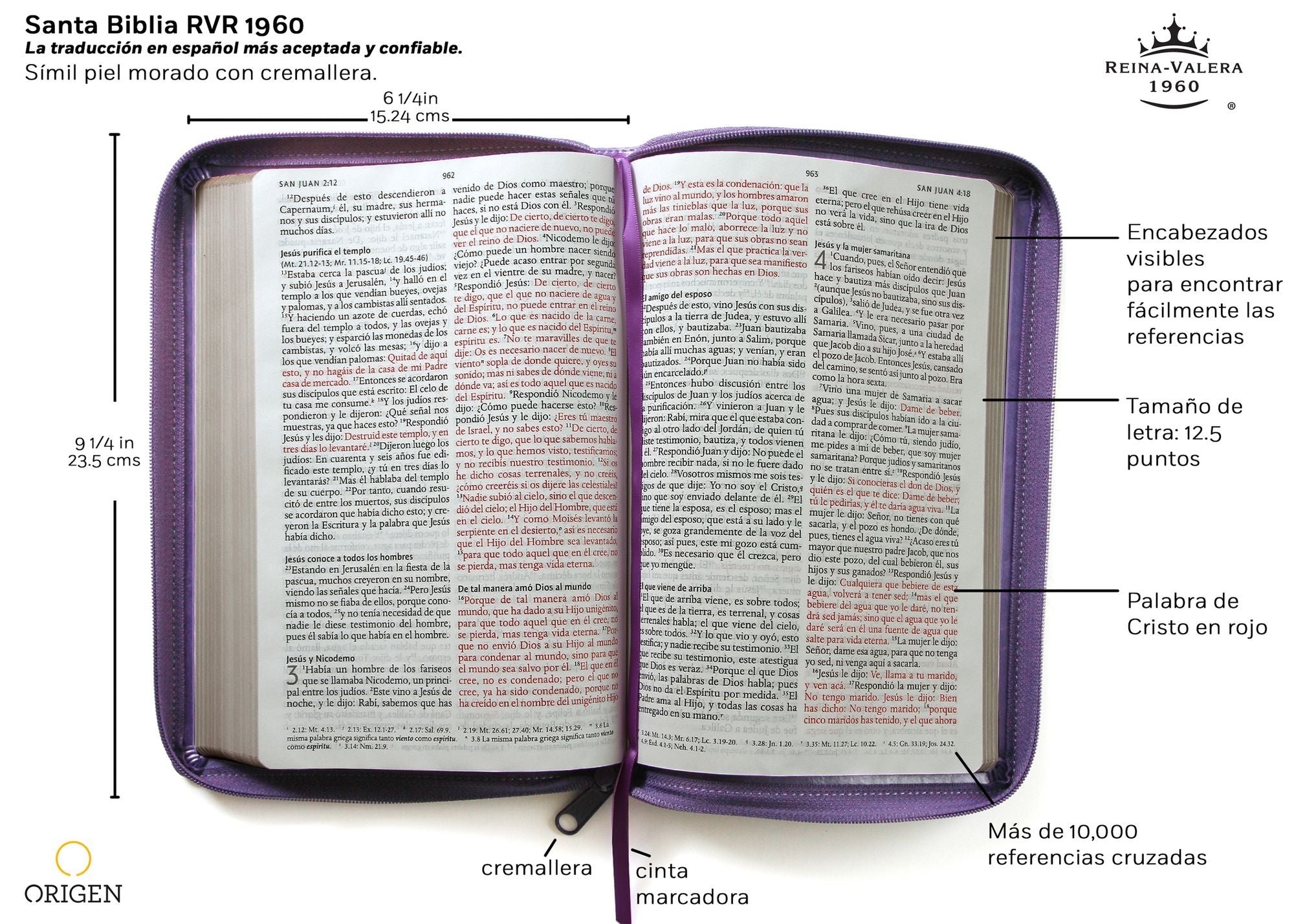 Biblia Reina Valera 1960 Tamaño grande, letra grande piel morada con cremallera / Spanish Holy Bible RVR 1960 Large Size Large Print Purple Leather with Zipper