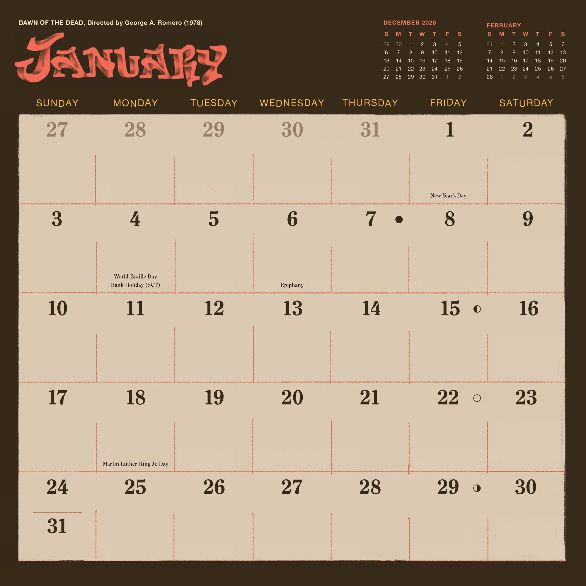 2027 Classic Horror Movies Wall Calendar
