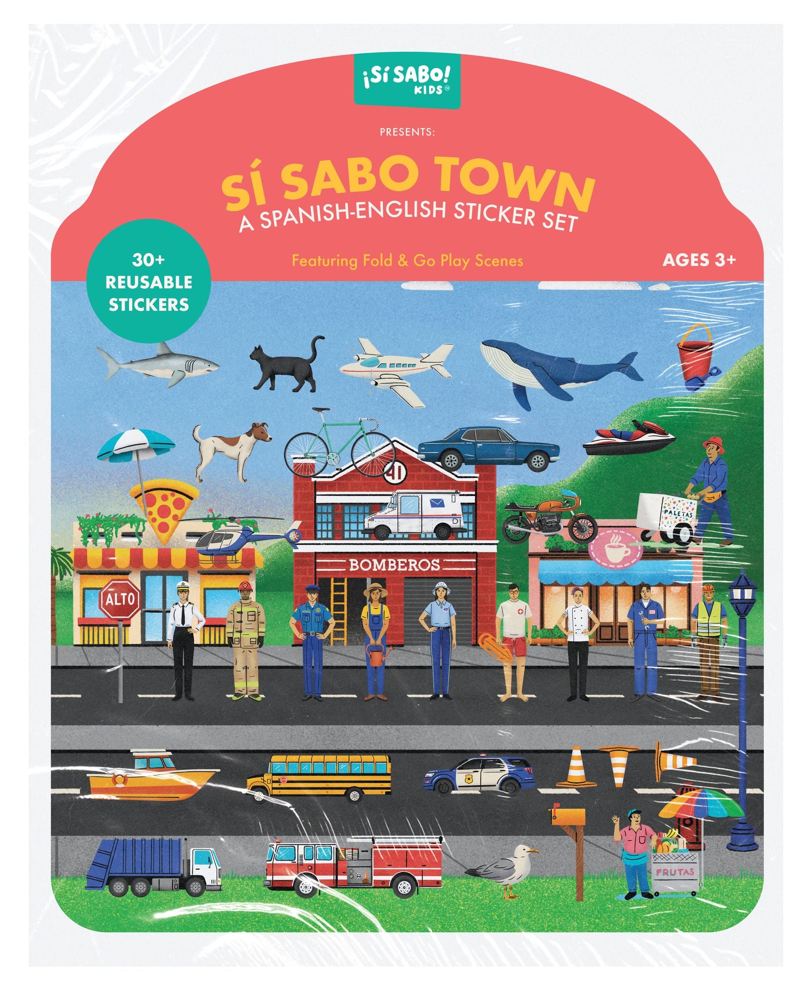 Sí Sabo Town: A Bilingual Reusable Sticker Play Set: Learn Spanish-English Language Skills with 30+ Reusable Stickers and 2 Fold-Out Play & Go Scenes