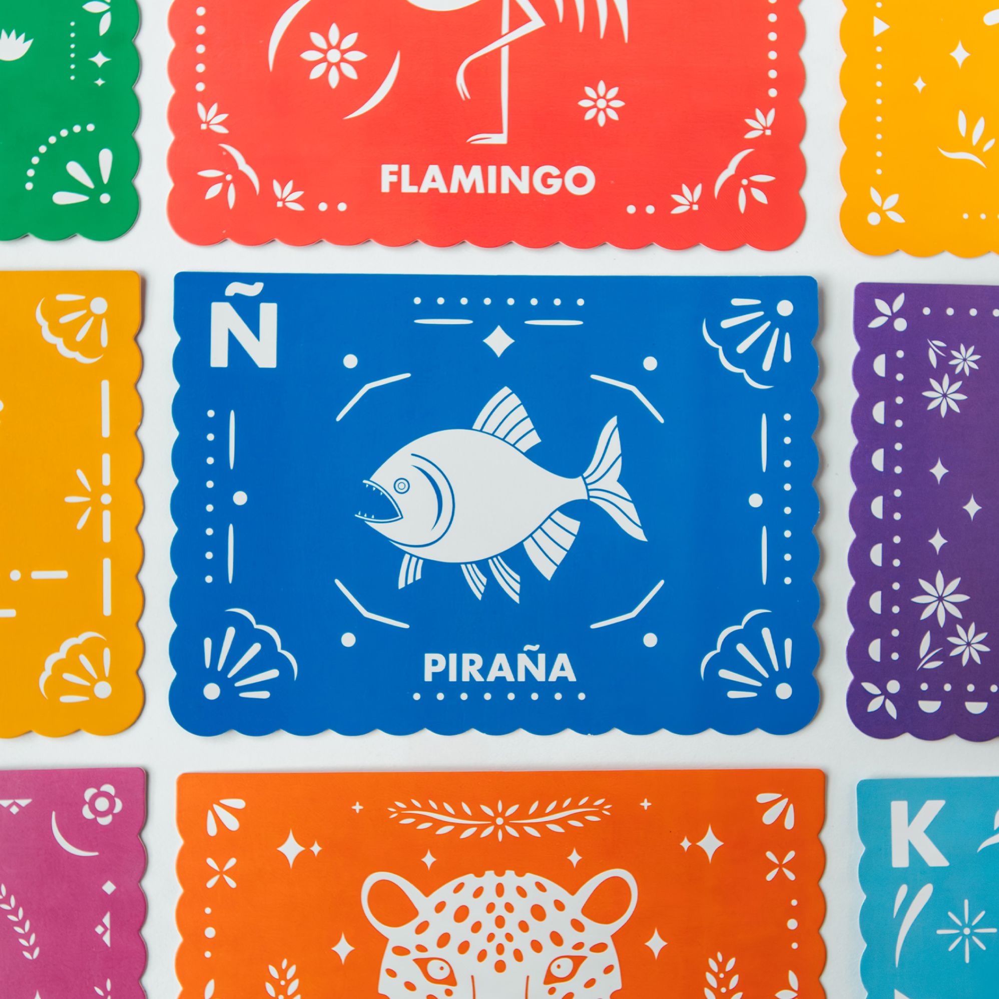 Spanish-English ABC Flash Cards: 27 Bilingual Alphabet Flash Cards Featuring Latin American Animals in a Papel Picado Design