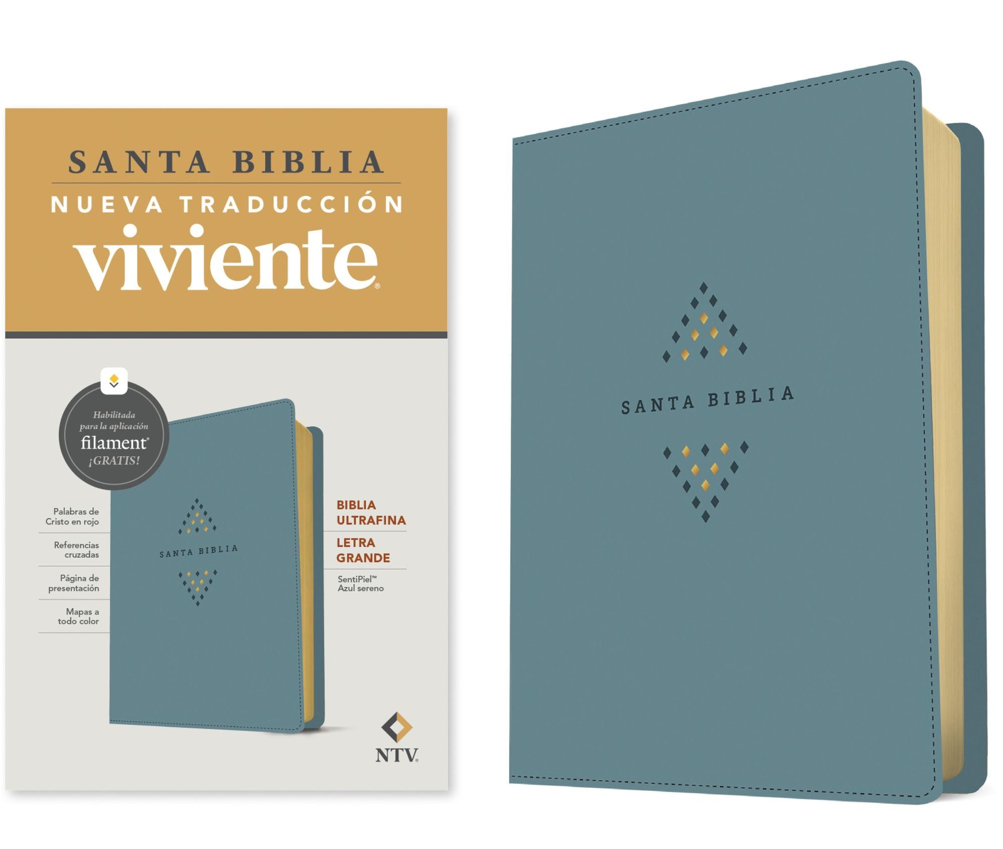 Biblia ultrafina NTV, letra grande con Filament (SentiPiel, Azul sereno, Letra Roja)