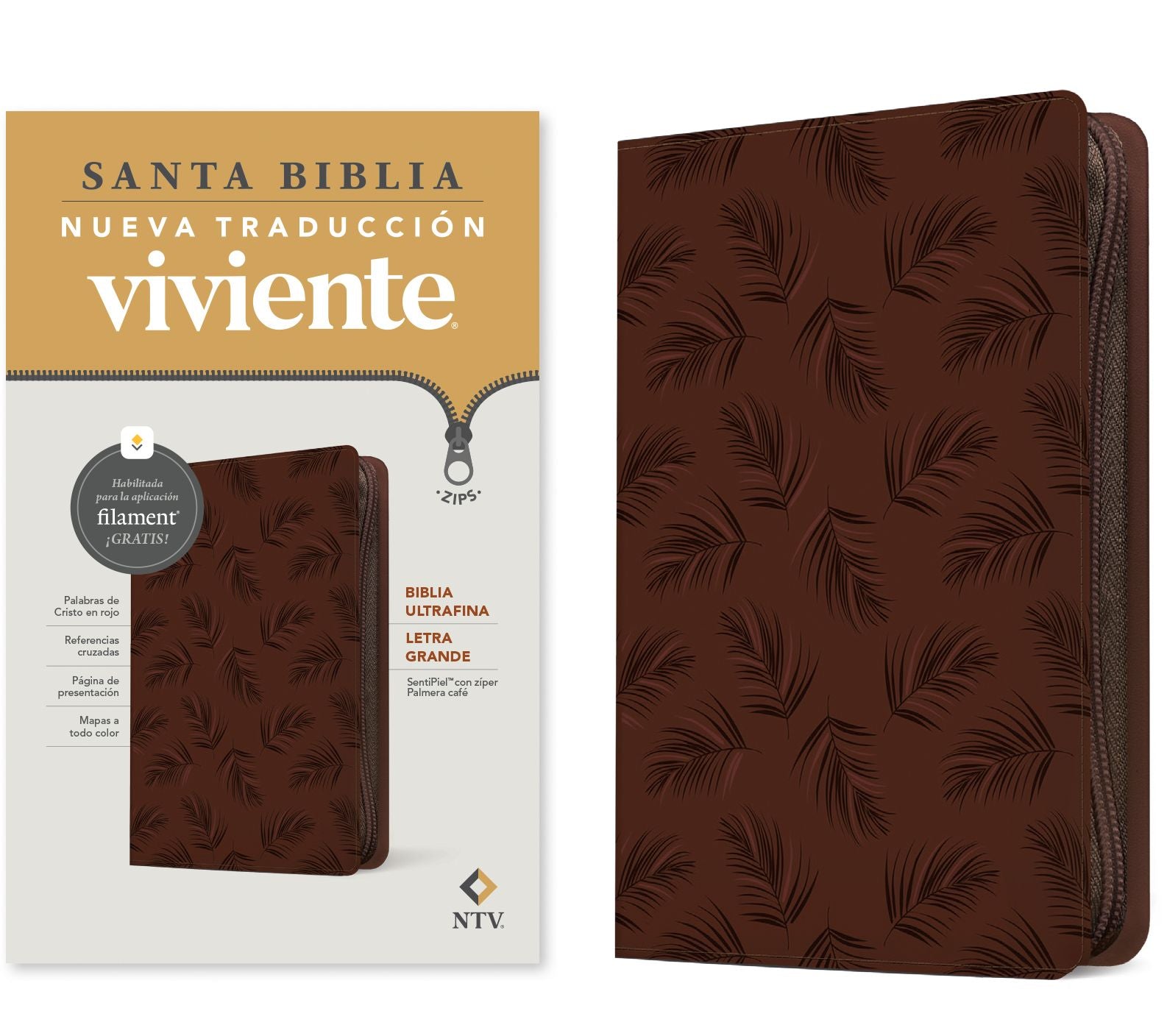 Biblia ultrafina NTV, letra grande de zíper con Filament (SentiPiel, Palmera café, Letra Roja)