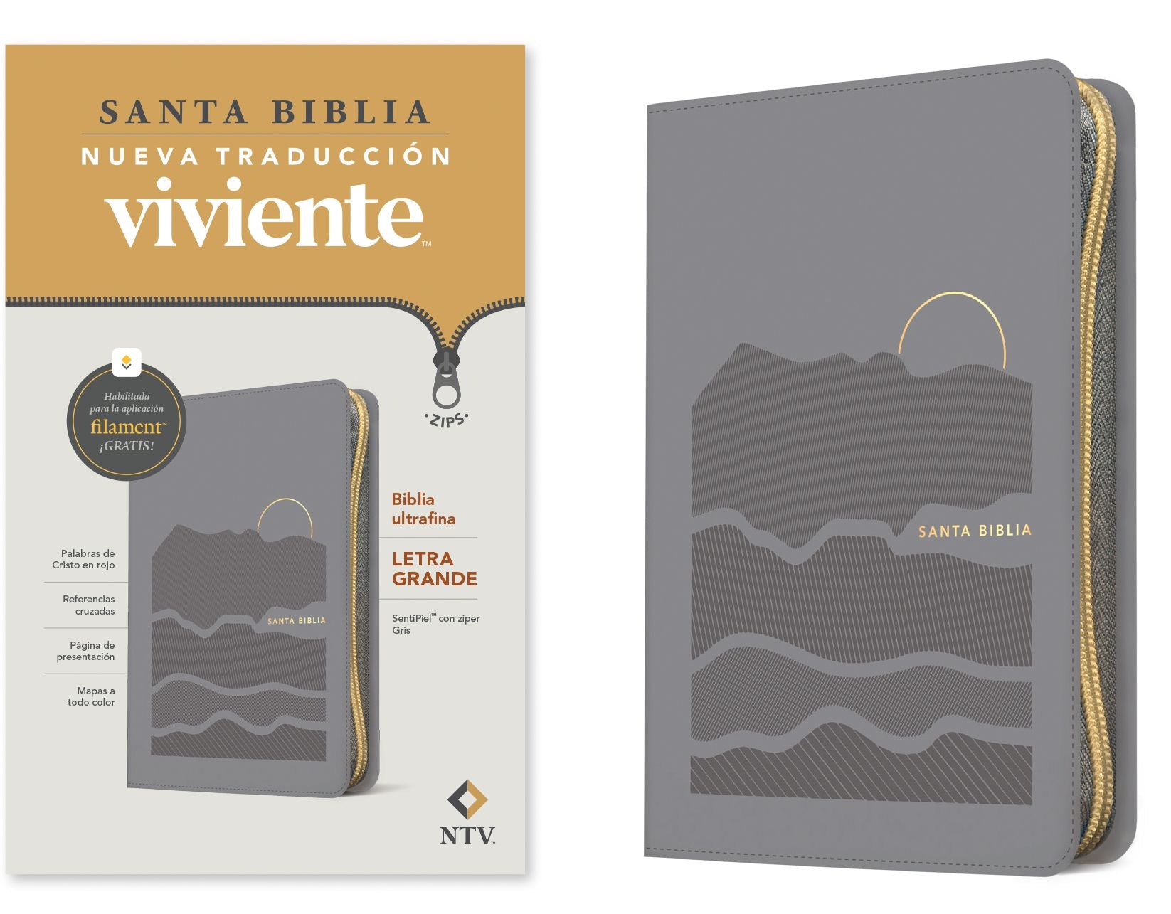 Biblia ultrafina NTV, letra grande de zíper con Filament (SentiPiel, Gris, Letra Roja)