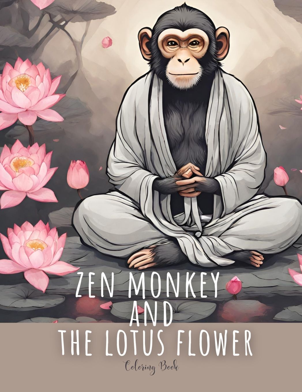 Zen Monkey and The Lotus Flower Coloring Book: 50 Mindful Coloring Pages Featuring Zen Monkey Tranquil Meditating, Blossoming Lotus Flowers, for Adult Escapes, Relaxation and Stress Relief