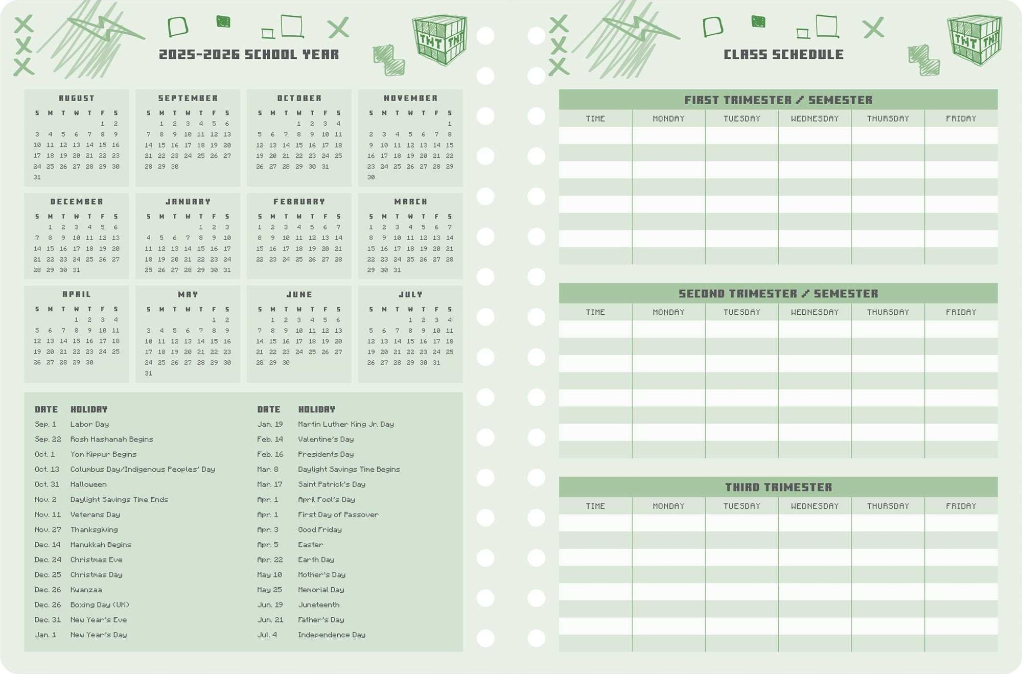 2025-2026 Minecraft Mobs Student Planner: August - July, 6.5 x 8.25