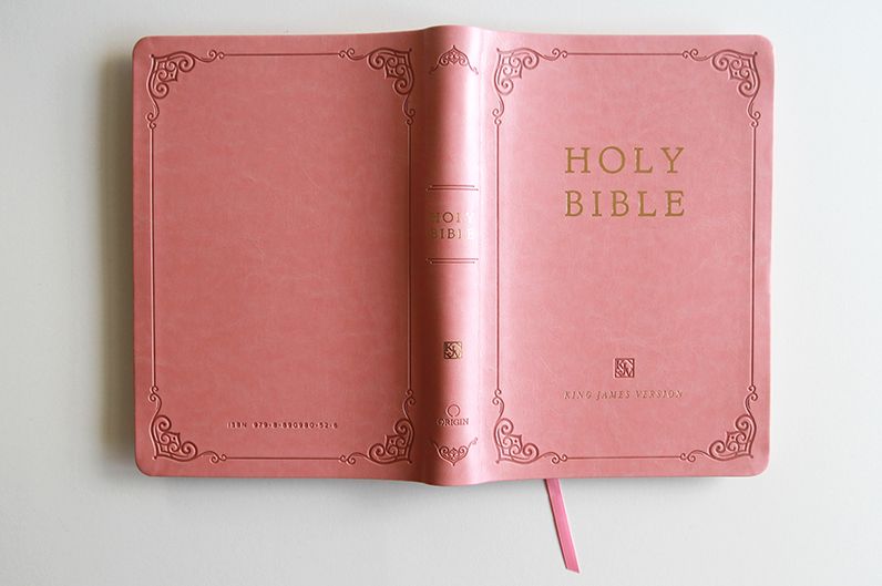 KJV Holy Bible, Giant Print Thinline Large format, Pink Premium Imitation Leather with Ribbon Marker, Red Letter, and Thumb Index