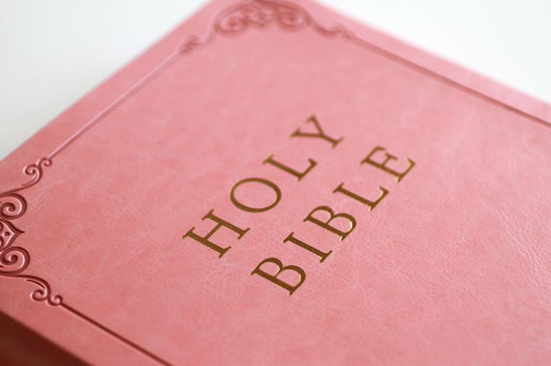 KJV Holy Bible, Giant Print Thinline Large format, Pink Premium Imitation Leather with Ribbon Marker, Red Letter, and Thumb Index
