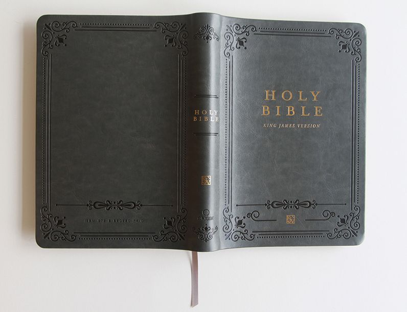 KJV Holy Bible, Giant Print Thinline Edition, Large Format, Gray Premium Imitation Leather, Red Letter, Thumb Index, Ribbon Marker