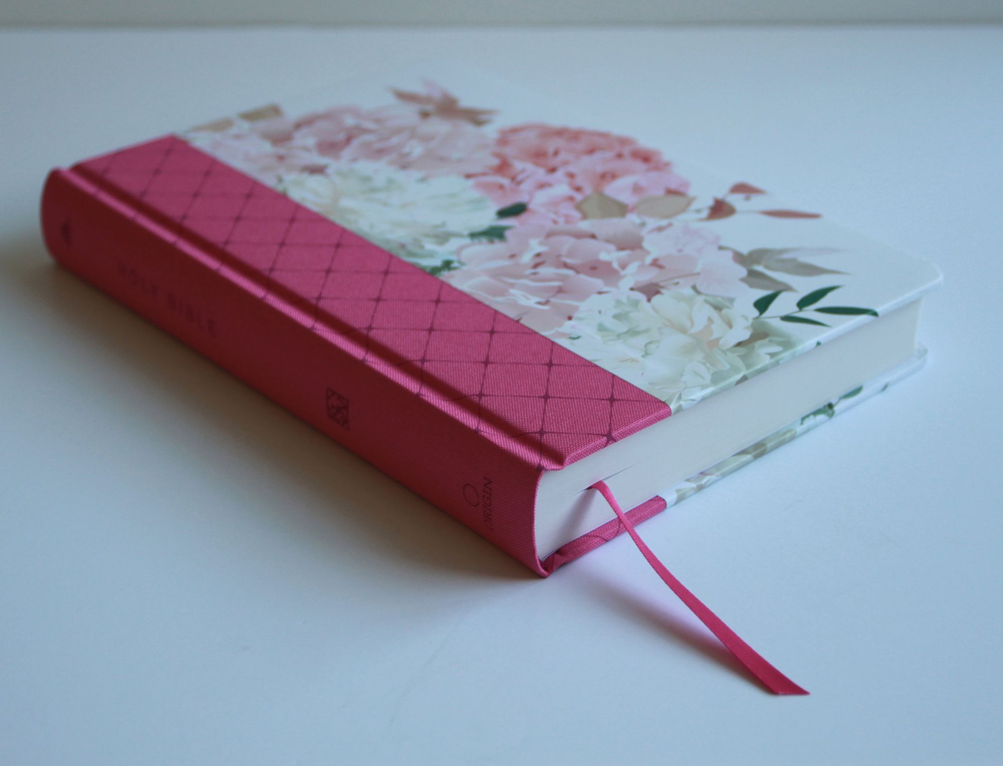 KJV Holy Bible, Giant Print Large Format, Hardcover pink floral design with cloth with Ribbon Marker, Red Letter, and Thumb Index