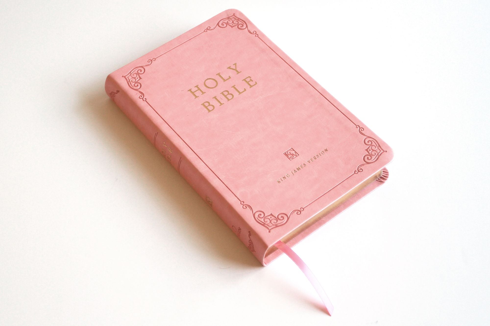 KJV Holy Bible, Large Print Handy Size Format, Pink Premium Imitation Leather with Ribbon Marker, Red Letter, Thumb Index