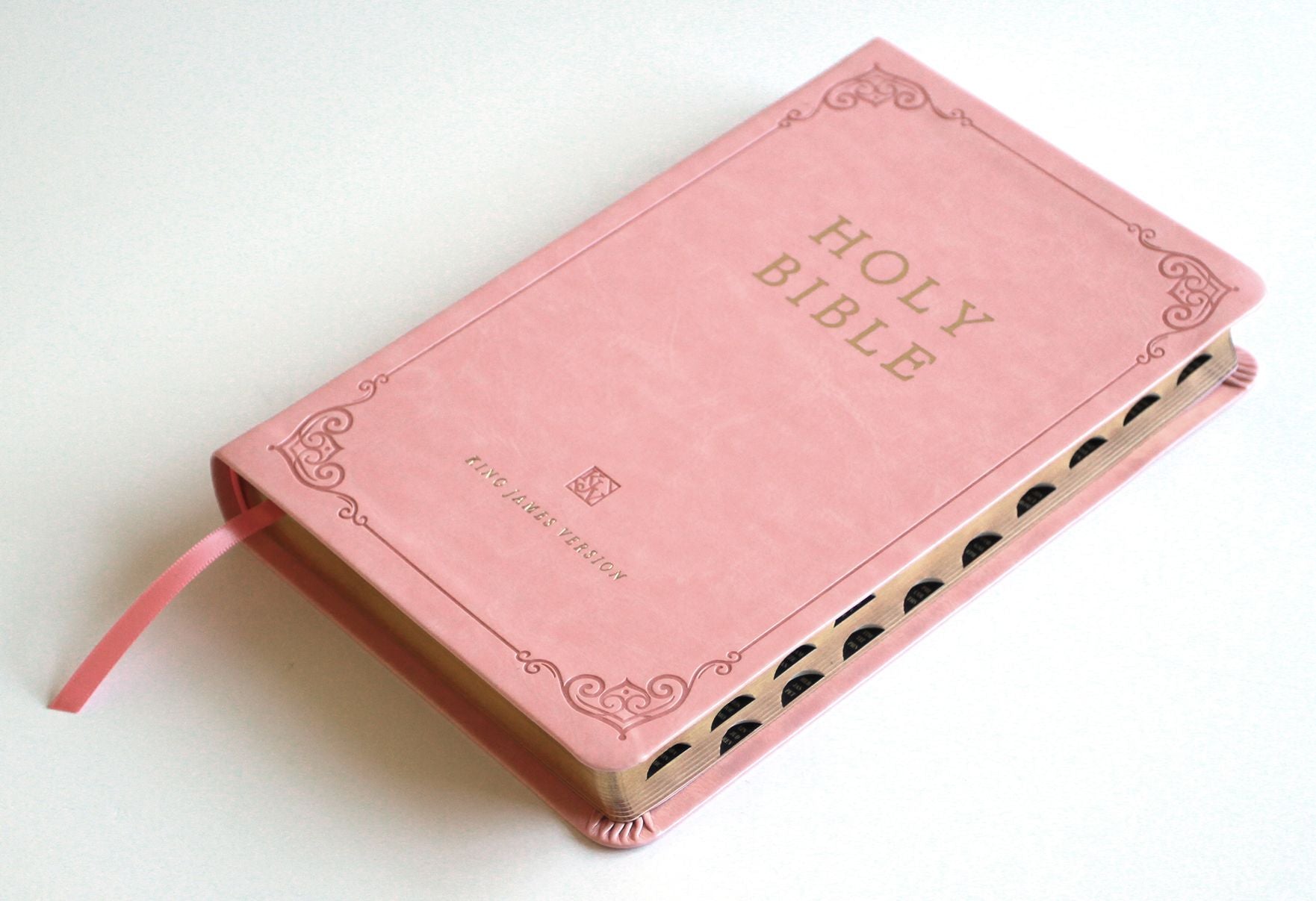 KJV Holy Bible, Large Print Handy Size Format, Pink Premium Imitation Leather with Ribbon Marker, Red Letter, Thumb Index