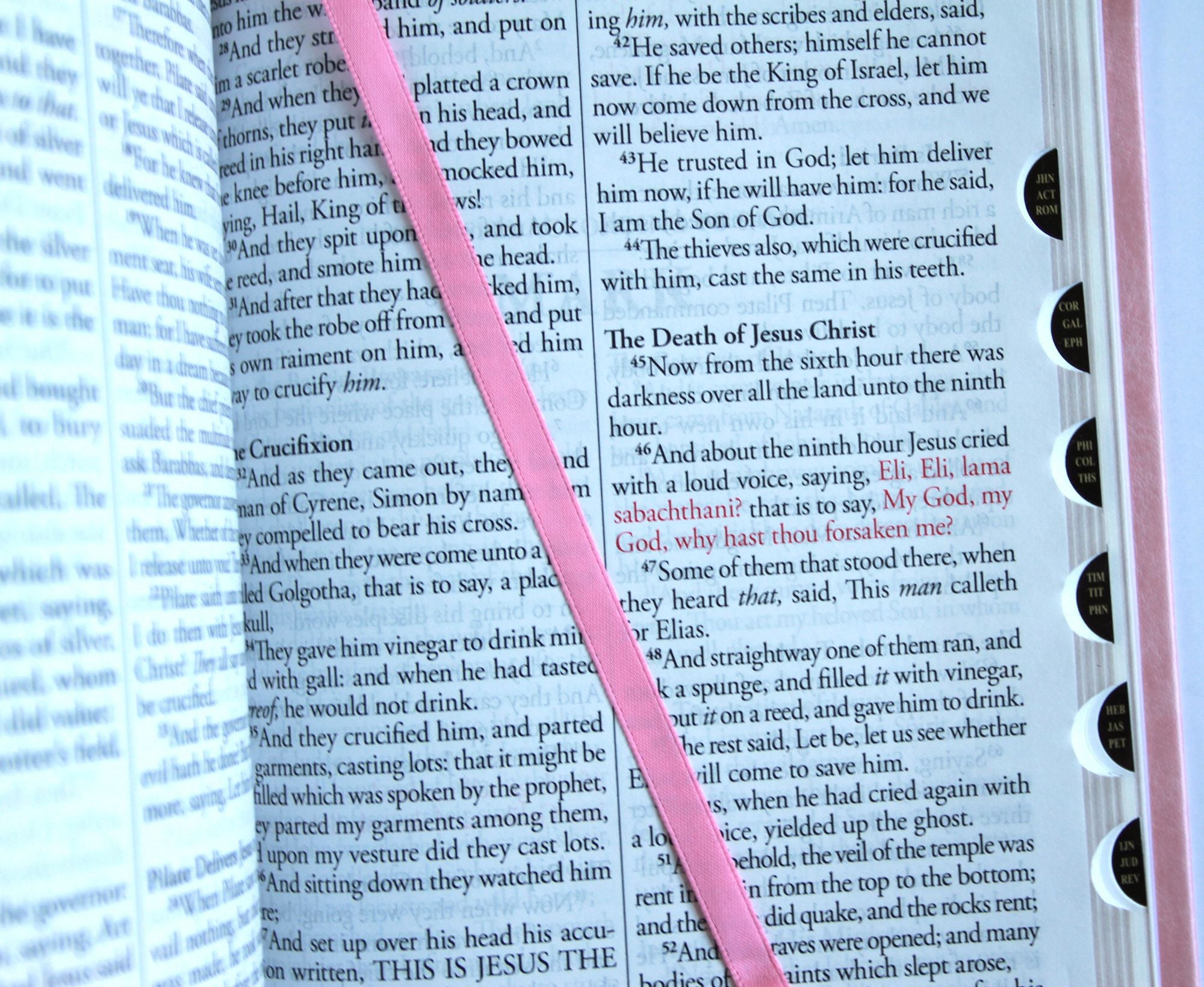 KJV Holy Bible, Large Print Handy Size Format, Pink Premium Imitation Leather with Ribbon Marker, Red Letter, Thumb Index